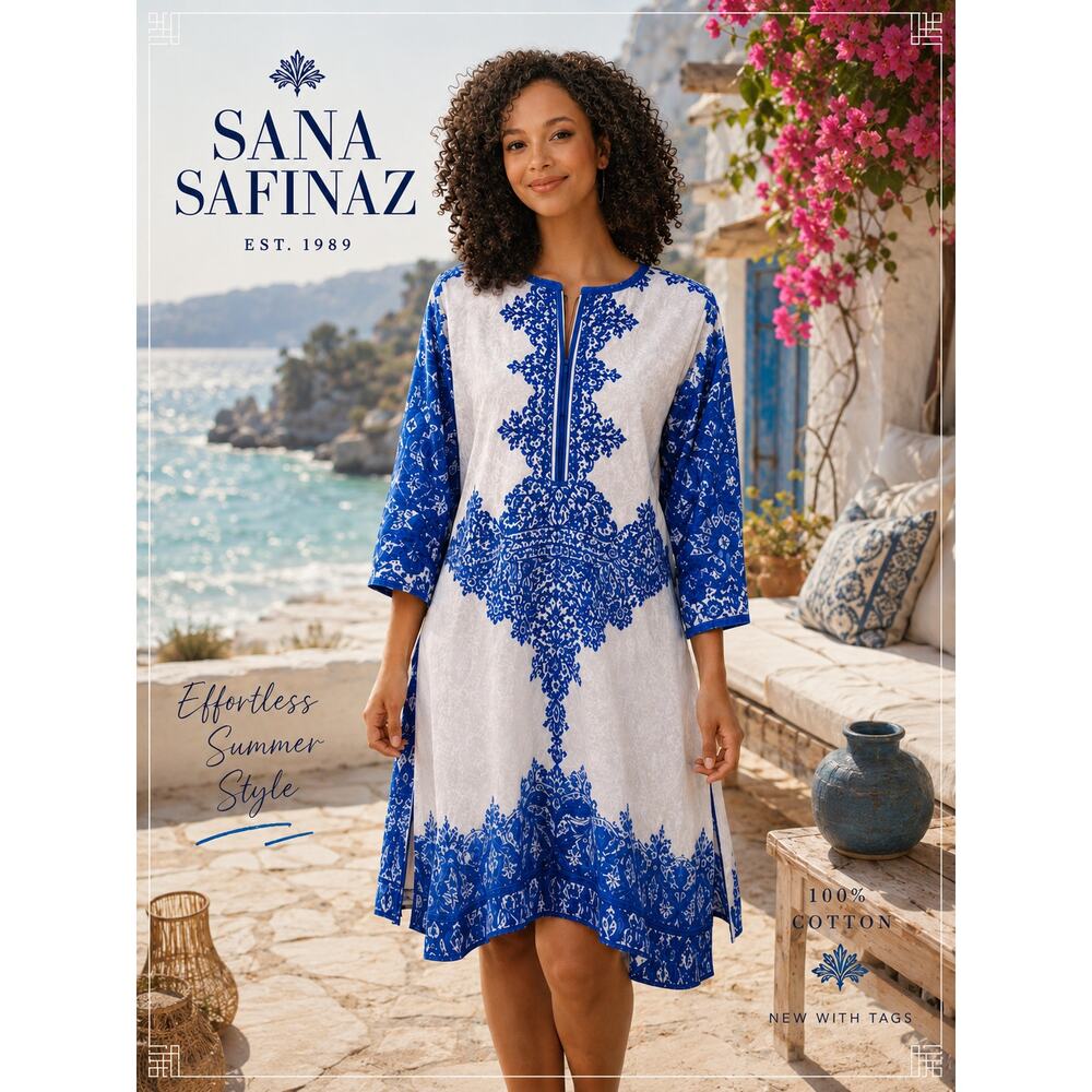 Sana Safinaz Blue & White Embroidered Cotton Kurta Tunic Dress Size Small NWT